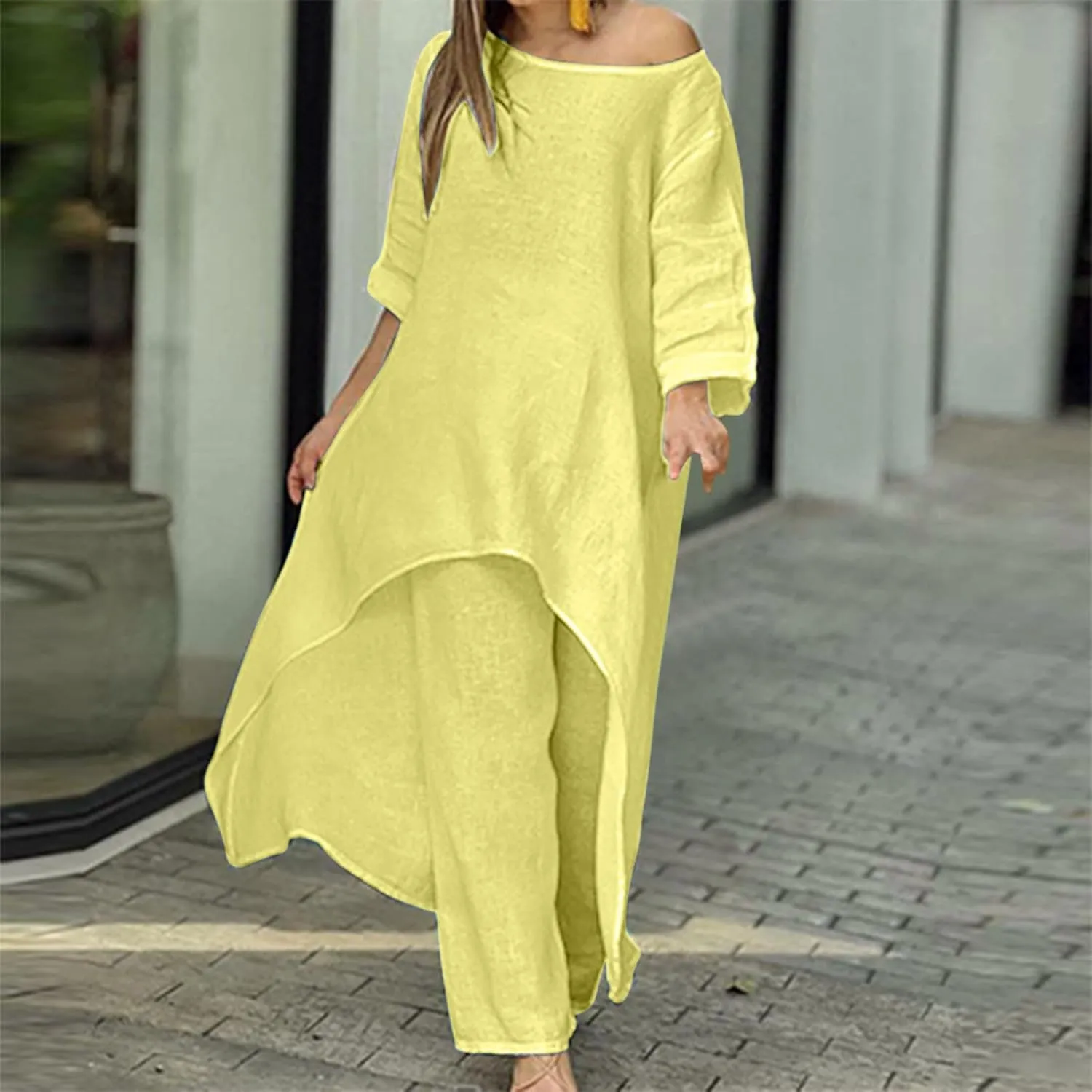 Cotton Linen Long Sets Women 2 Piece Outfits Long Sleeve High Low Tunic Tops Oversized and Wide Leg Pants Loungewear