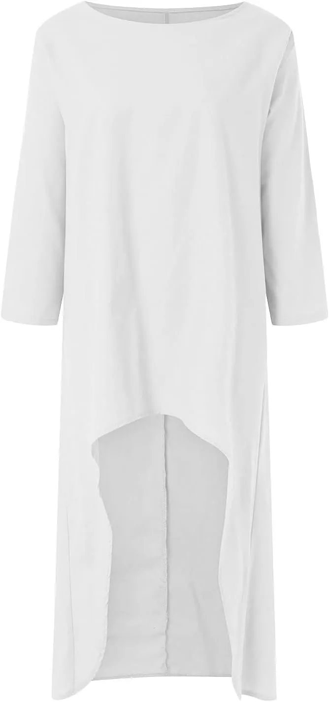 Cotton Linen Long Sets Women 2 Piece Outfits Long Sleeve High Low Tunic Tops Oversized and Wide Leg Pants Loungewear
