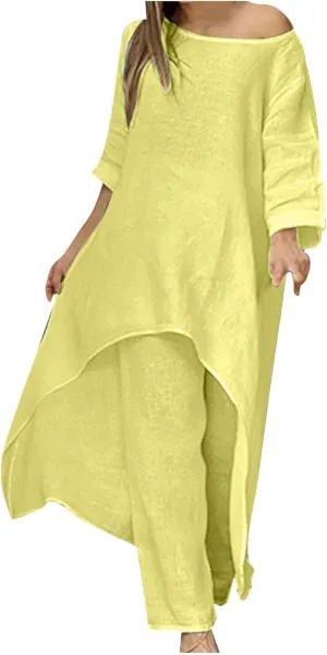 Cotton Linen Long Sets Women 2 Piece Outfits Long Sleeve High Low Tunic Tops Oversized and Wide Leg Pants Loungewear