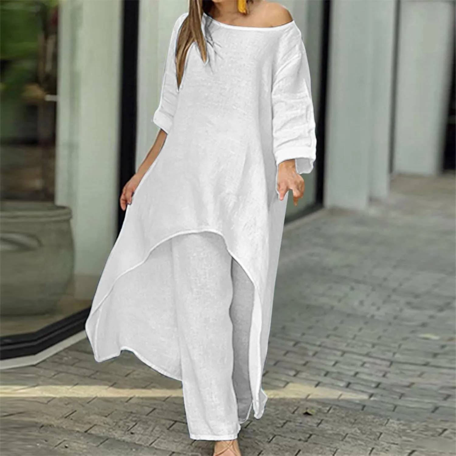 Cotton Linen Long Sets Women 2 Piece Outfits Long Sleeve High Low Tunic Tops Oversized and Wide Leg Pants Loungewear