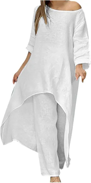 Cotton Linen Long Sets Women 2 Piece Outfits Long Sleeve High Low Tunic Tops Oversized and Wide Leg Pants Loungewear