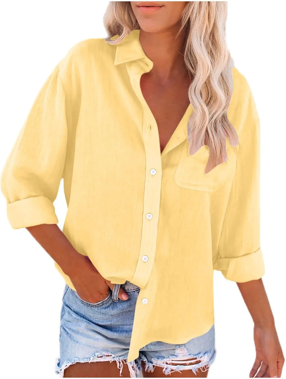 Cotton Linen Shirts for Women 2025 Trendy Long Sleeve Button Up V Neck T-Shirt Spring Summer Casual Loose Blouse Tops