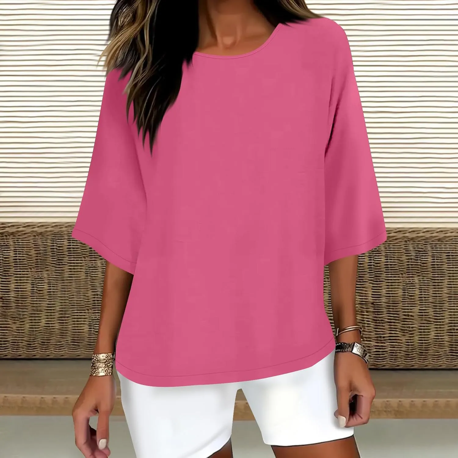 Cotton Linen Tops for Women Solid Color 3/4 Sleeve Round Neck Tunic Blouses Casual Plus Size Loose Fitting Tee Shirt