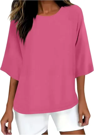 Cotton Linen Tops for Women Solid Color 3/4 Sleeve Round Neck Tunic Blouses Casual Plus Size Loose Fitting Tee Shirt