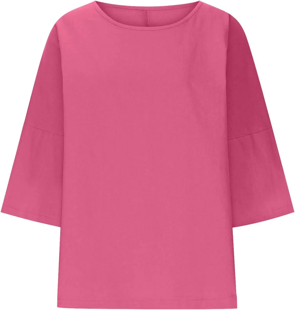 Cotton Linen Tops for Women Solid Color 3/4 Sleeve Round Neck Tunic Blouses Casual Plus Size Loose Fitting Tee Shirt