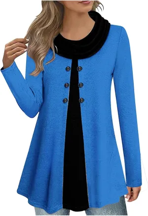 Cowl Neck Tops for Women Plus Size Button Down Blouse Casual Trendy Tops Solid Color Tunic Tops Fall Winter Tops