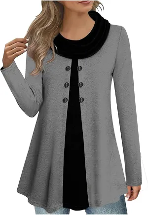 Cowl Neck Tops for Women Plus Size Button Down Blouse Casual Trendy Tops Solid Color Tunic Tops Fall Winter Tops