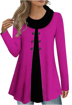 Cowl Neck Tops for Women Plus Size Button Down Blouse Casual Trendy Tops Solid Color Tunic Tops Fall Winter Tops