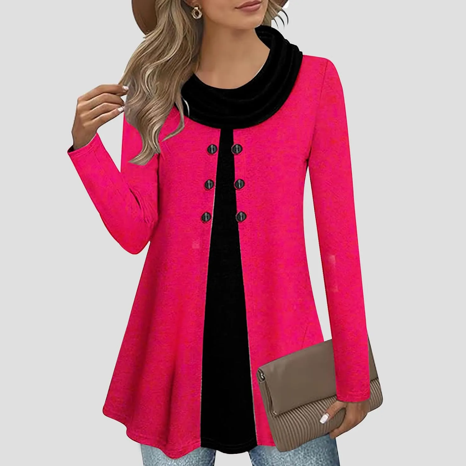 Cowl Neck Tops for Women Plus Size Button Down Blouse Casual Trendy Tops Solid Color Tunic Tops Fall Winter Tops