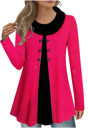 Cowl Neck Tops for Women Plus Size Button Down Blouse Casual Trendy Tops Solid Color Tunic Tops Fall Winter Tops
