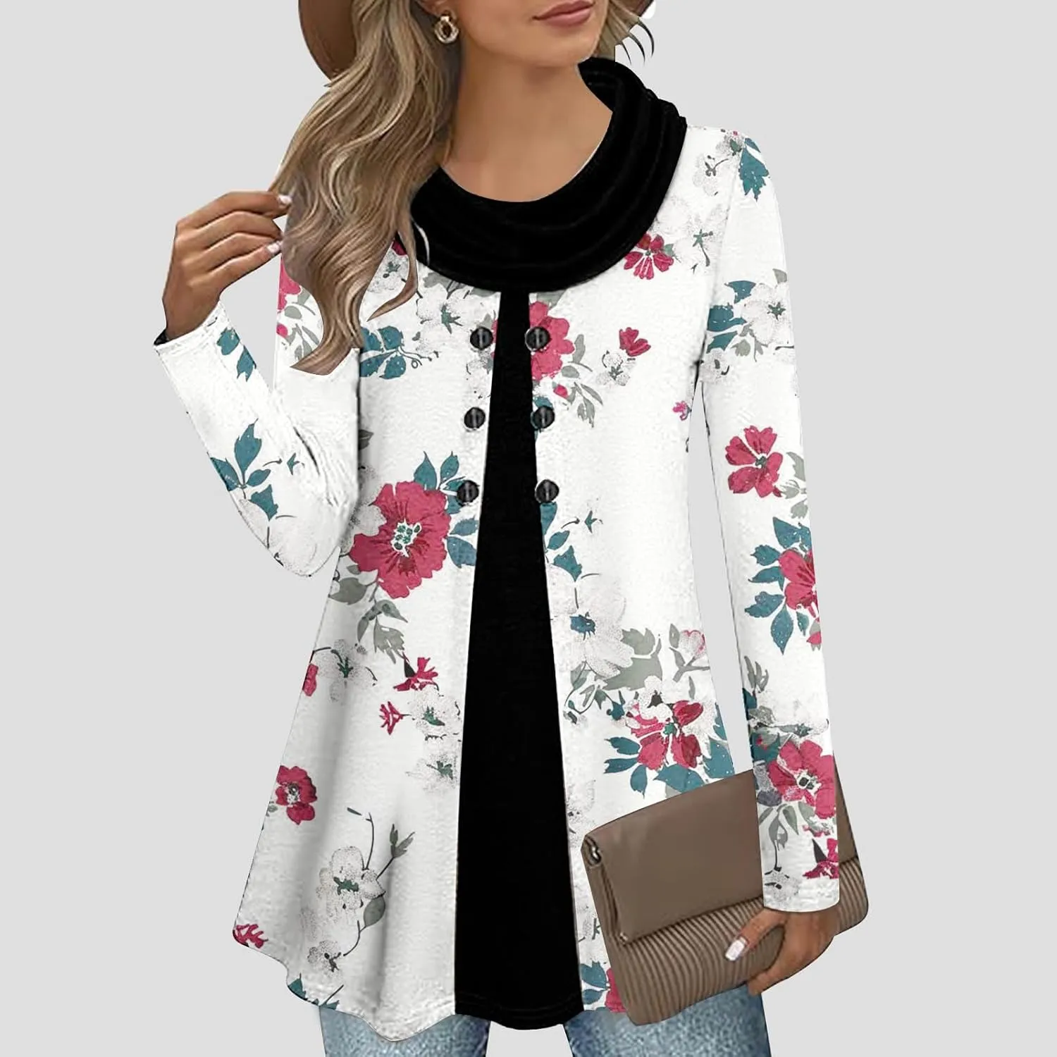 Cowl Neck Tunic Tops for Women Long Sleeve Floral Top Casual Loose Fitting Tops Dressy Casual Tunic Tops Blouse