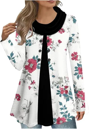 Cowl Neck Tunic Tops for Women Long Sleeve Floral Top Casual Loose Fitting Tops Dressy Casual Tunic Tops Blouse