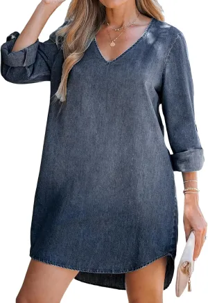 CUPSHE Women's Long Sleeve Denim Shirt Dress Casual V Neck Mini Distressed Roll Tab Jean Dresses