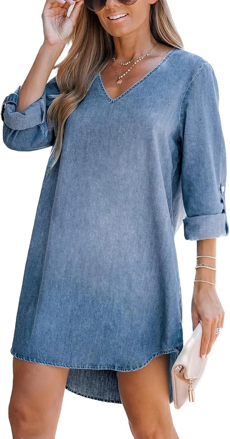 CUPSHE Women's Long Sleeve Denim Shirt Dress Casual V Neck Mini Distressed Roll Tab Jean Dresses