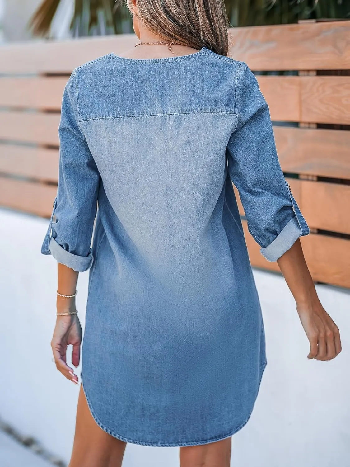 CUPSHE Women's Long Sleeve Denim Shirt Dress Casual V Neck Mini Distressed Roll Tab Jean Dresses