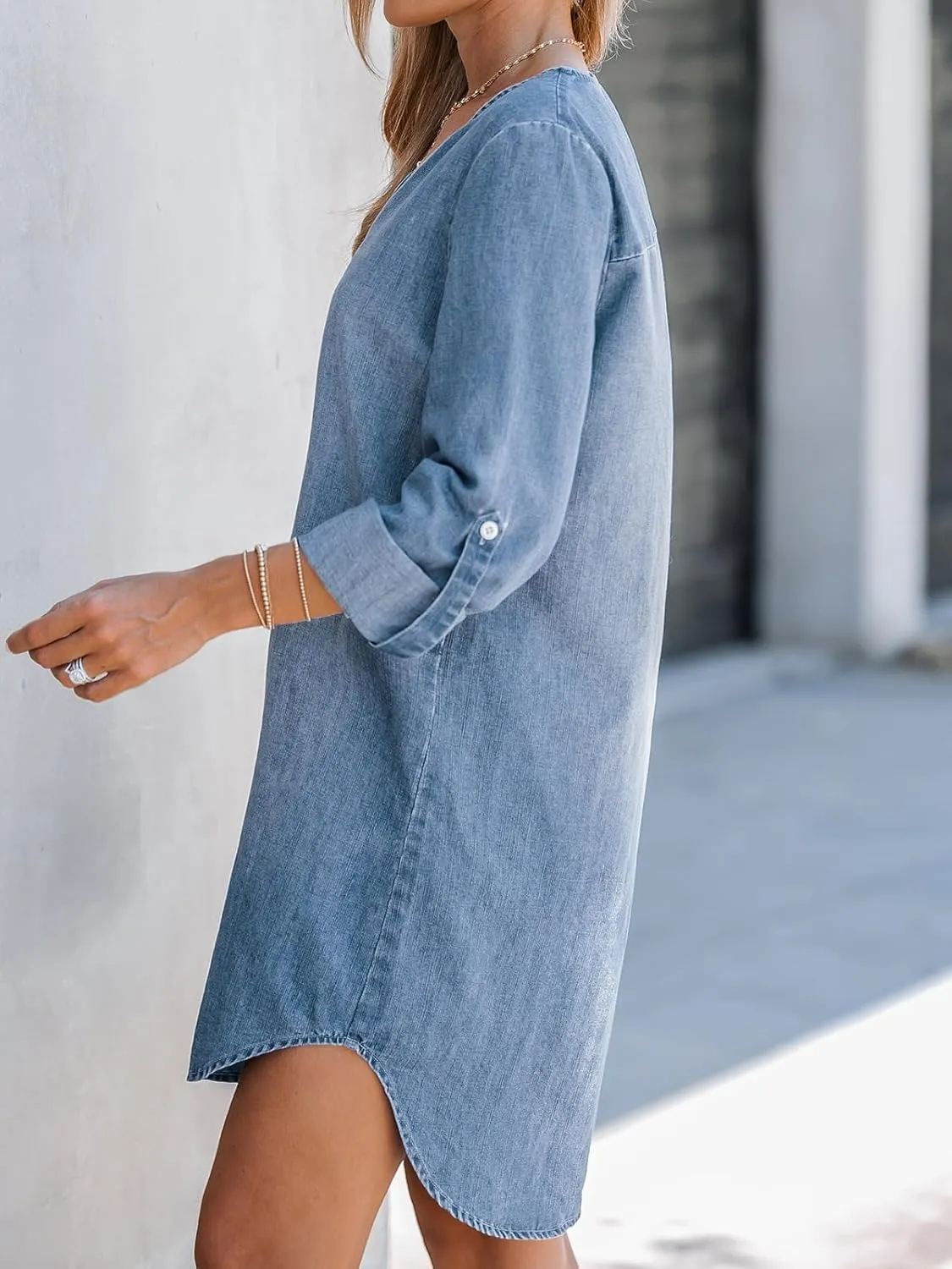 CUPSHE Women's Long Sleeve Denim Shirt Dress Casual V Neck Mini Distressed Roll Tab Jean Dresses