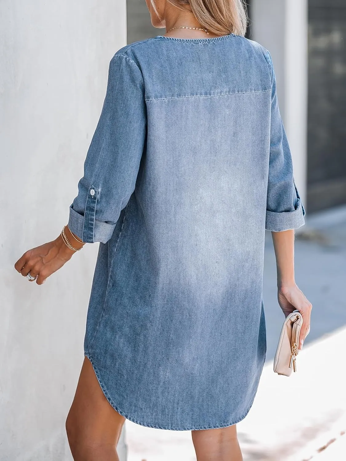 CUPSHE Women's Long Sleeve Denim Shirt Dress Casual V Neck Mini Distressed Roll Tab Jean Dresses