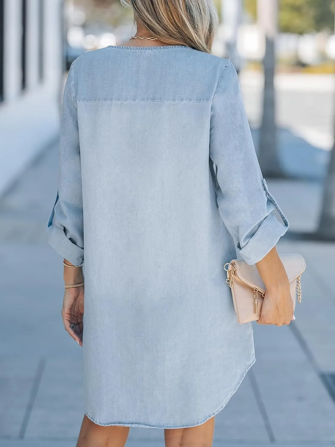 CUPSHE Women's Long Sleeve Denim Shirt Dress Casual V Neck Mini Distressed Roll Tab Jean Dresses