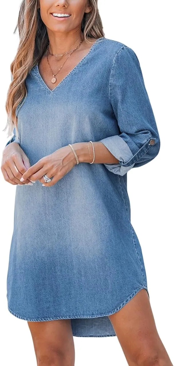 CUPSHE Women's Long Sleeve Denim Shirt Dress Casual V Neck Mini Distressed Roll Tab Jean Dresses