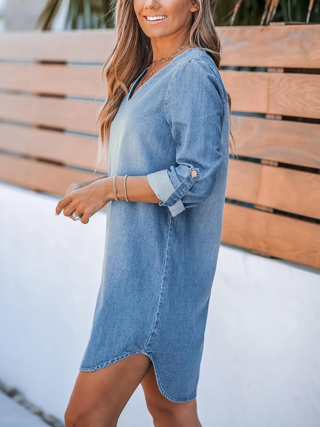 CUPSHE Women's Long Sleeve Denim Shirt Dress Casual V Neck Mini Distressed Roll Tab Jean Dresses