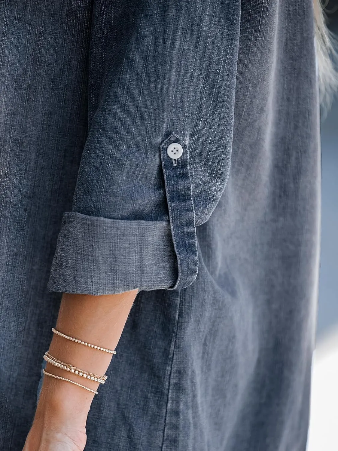 CUPSHE Women's Long Sleeve Denim Shirt Dress Casual V Neck Mini Distressed Roll Tab Jean Dresses