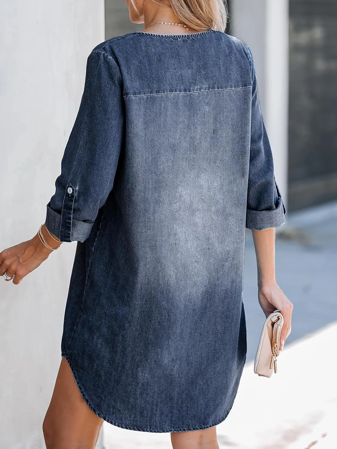 CUPSHE Women's Long Sleeve Denim Shirt Dress Casual V Neck Mini Distressed Roll Tab Jean Dresses