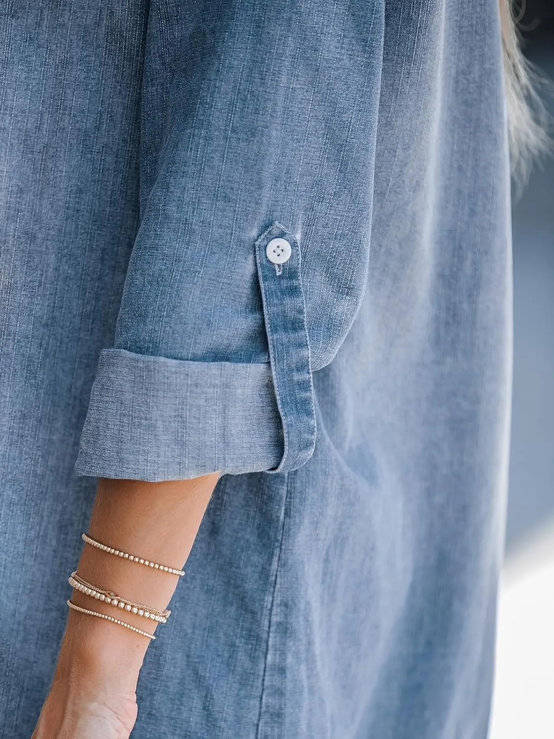 CUPSHE Women's Long Sleeve Denim Shirt Dress Casual V Neck Mini Distressed Roll Tab Jean Dresses