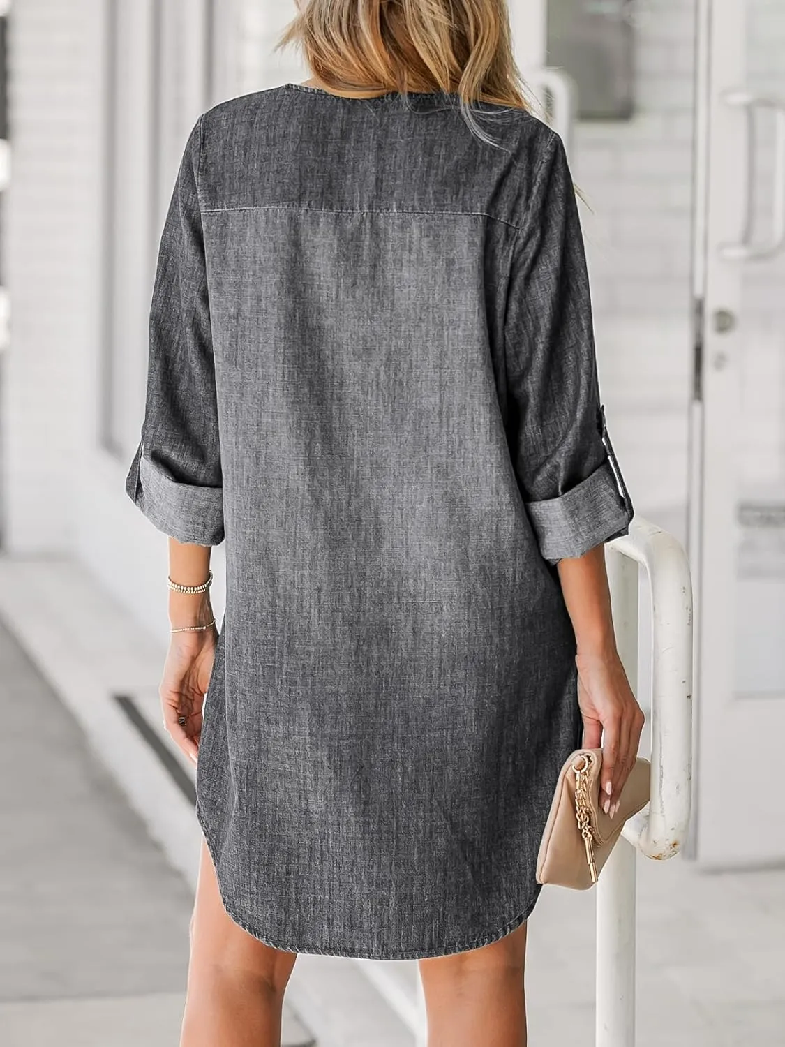 CUPSHE Women's Long Sleeve Denim Shirt Dress Casual V Neck Mini Distressed Roll Tab Jean Dresses