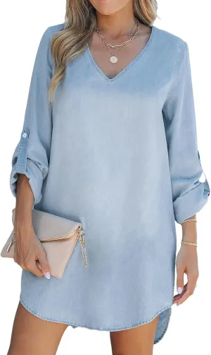 CUPSHE Women's Long Sleeve Denim Shirt Dress Casual V Neck Mini Distressed Roll Tab Jean Dresses