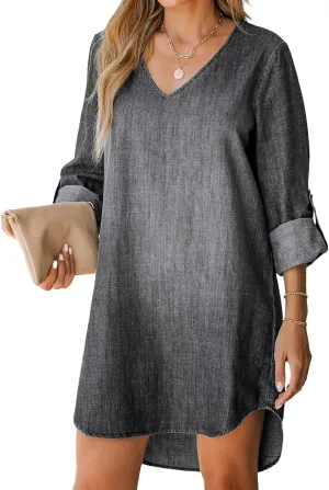 CUPSHE Women's Long Sleeve Denim Shirt Dress Casual V Neck Mini Distressed Roll Tab Jean Dresses
