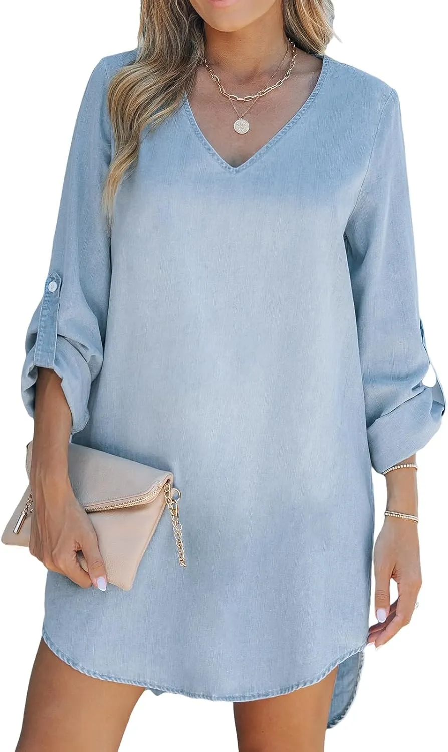 CUPSHE Women's Long Sleeve Denim Shirt Dress Casual V Neck Mini Distressed Roll Tab Jean Dresses