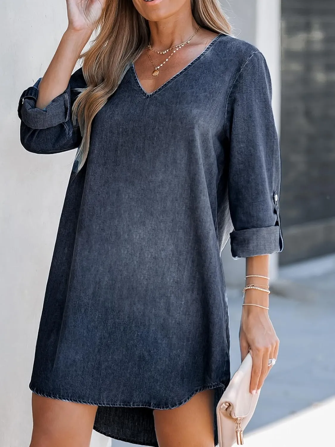 CUPSHE Women's Long Sleeve Denim Shirt Dress Casual V Neck Mini Distressed Roll Tab Jean Dresses