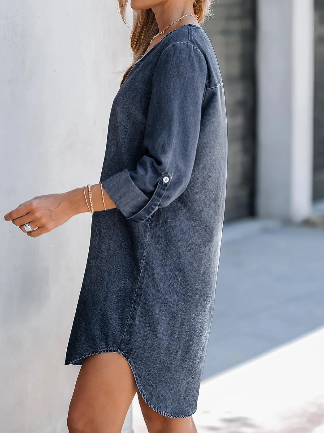 CUPSHE Women's Long Sleeve Denim Shirt Dress Casual V Neck Mini Distressed Roll Tab Jean Dresses