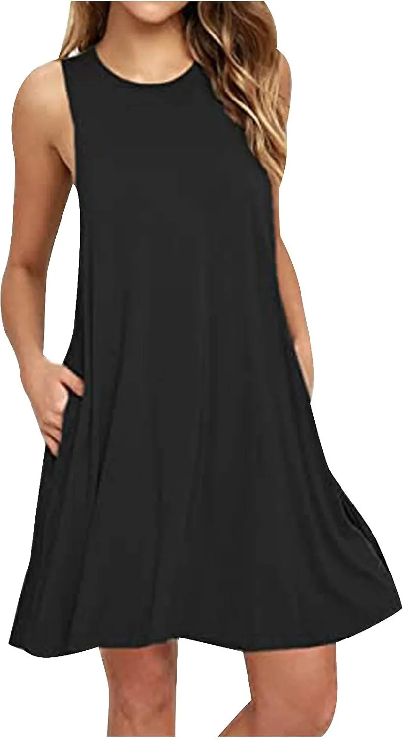 Dresses for Women Casual Fashion Sleeveless Crewneck Mini Dresses Summer Solid Color Loose Fit Dress 2025