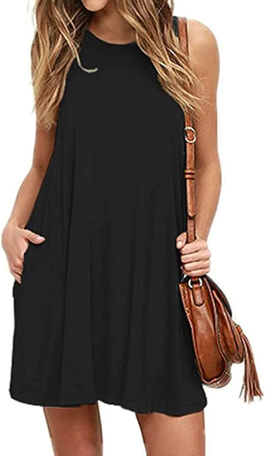 Dresses for Women Casual Fashion Sleeveless Crewneck Mini Dresses Summer Solid Color Loose Fit Dress 2025