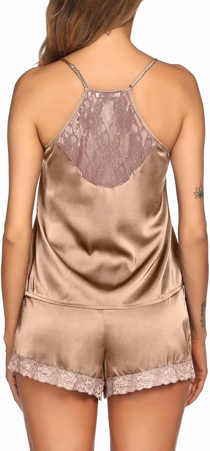 Ekouaer Satin Pajamas Women Lace Sleepwear Lingerie Cami Shorts Set Nightwear XS-XXL