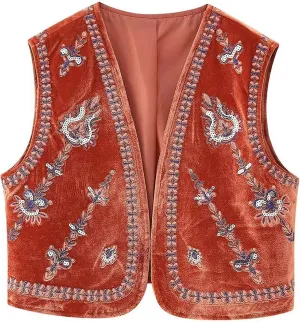 Embroidered Floral Velvet Vest for Women Vintage Sleeveless Open Front Crop Cardigan Boho Style Waistcoat Jackets