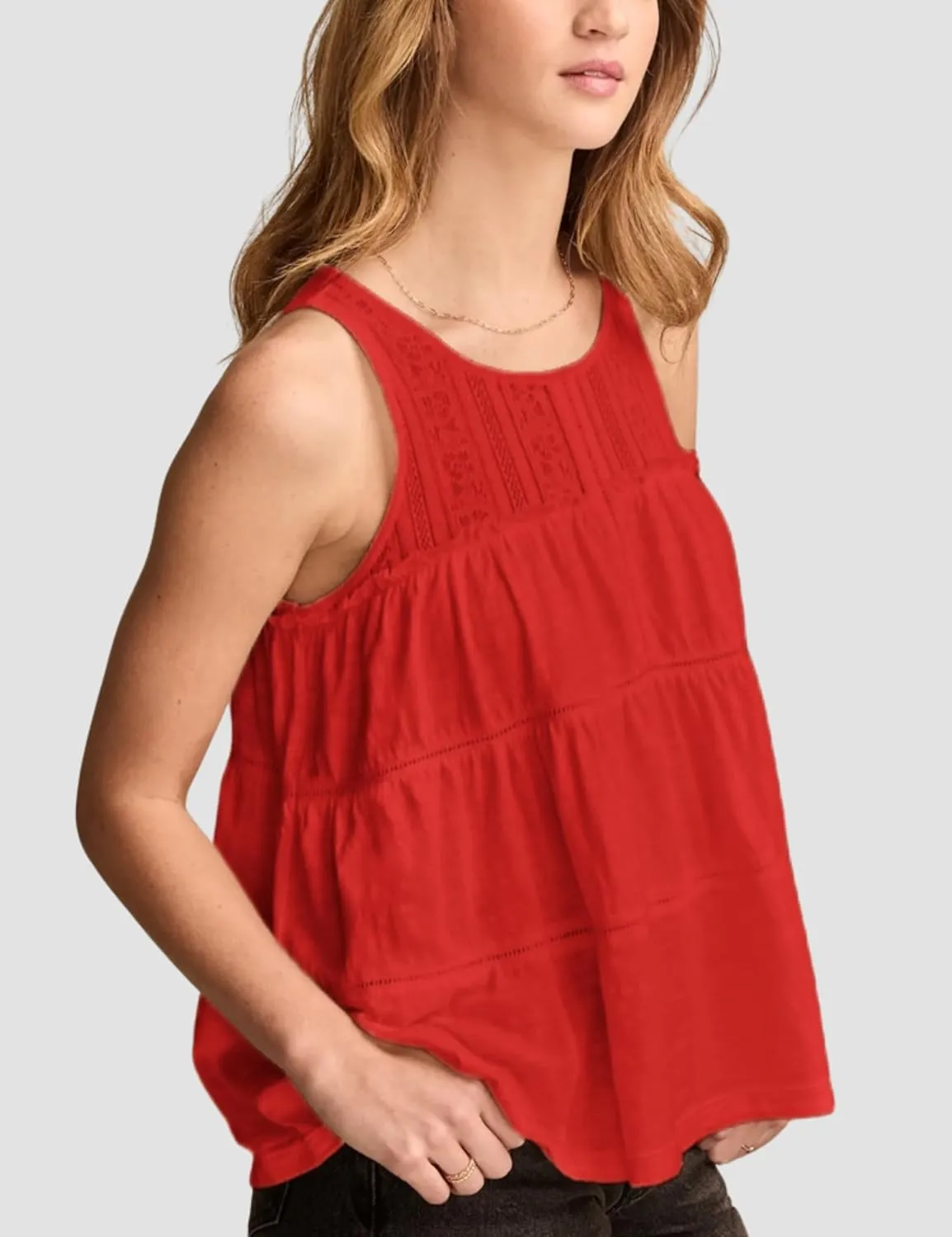 Esmeling Women Summer Tank Tops Sleeveless Lace Ruffle Tiered Tunic Shirts Flowy Swing Babydoll Tops