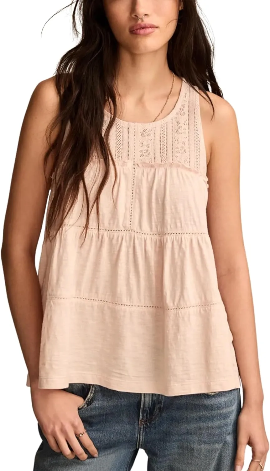 Esmeling Women Summer Tank Tops Sleeveless Lace Ruffle Tiered Tunic Shirts Flowy Swing Babydoll Tops