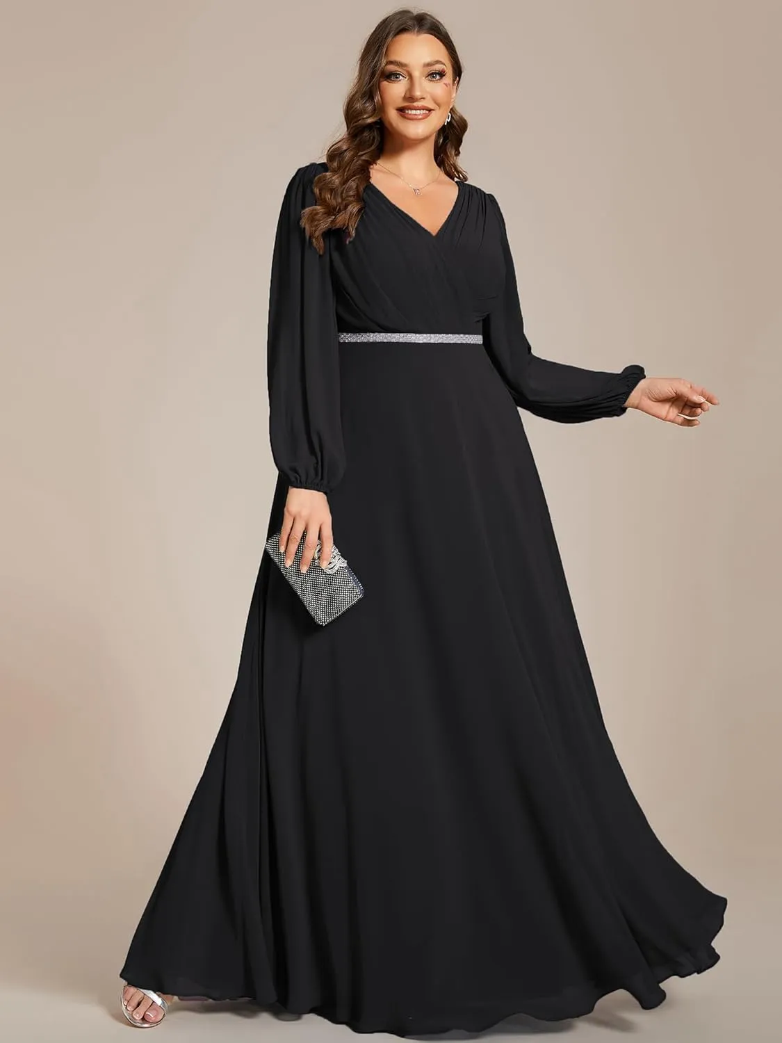 Ever-Pretty Women's Beads Waist Long Sleeves V Neck Plus Size Formal Evening Dresses 01981-DA