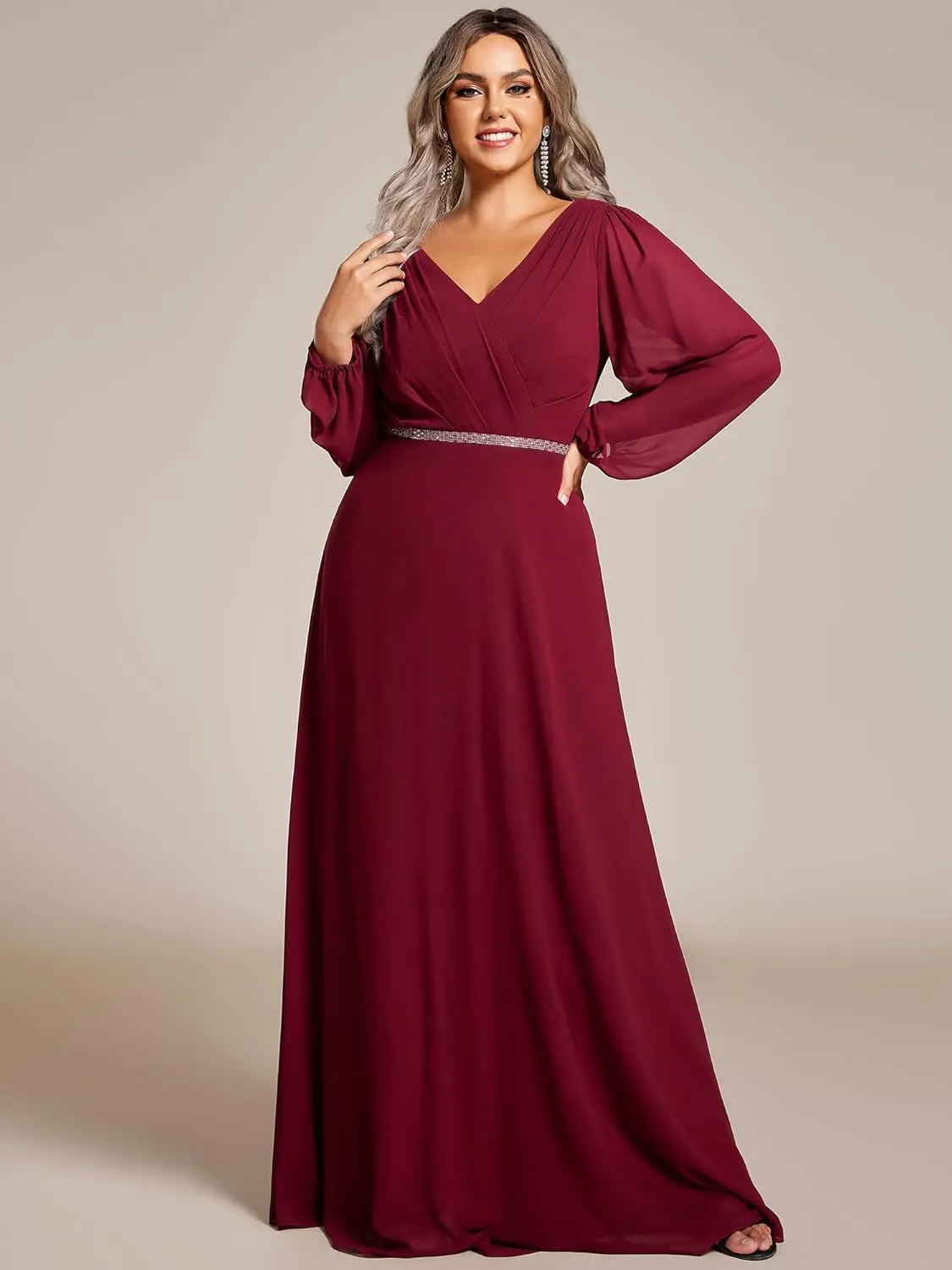 Ever-Pretty Women's Beads Waist Long Sleeves V Neck Plus Size Formal Evening Dresses 01981-DA