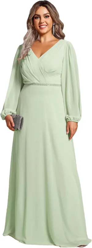 Ever-Pretty Women's Beads Waist Long Sleeves V Neck Plus Size Formal Evening Dresses 01981-DA