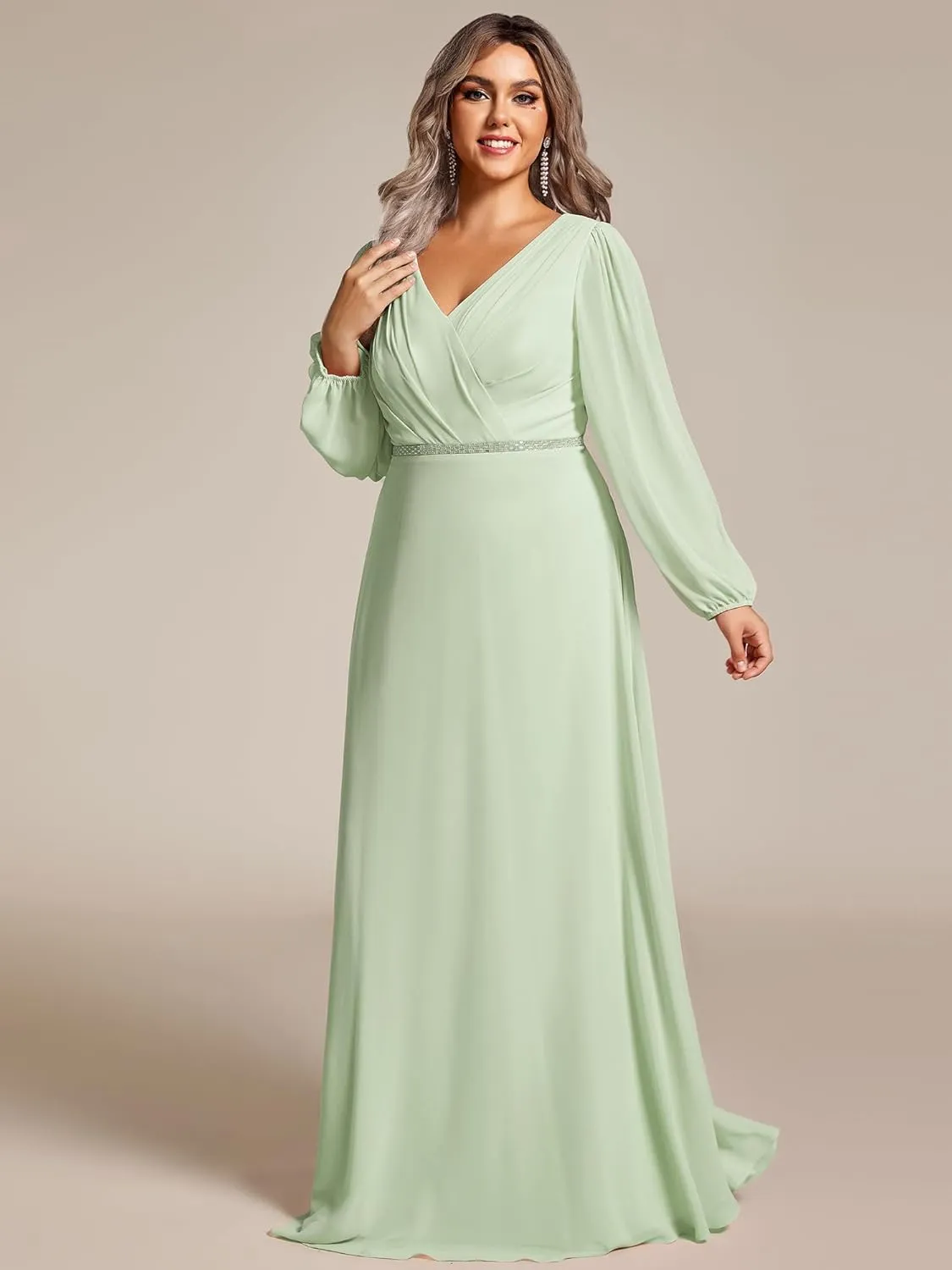 Ever-Pretty Women's Beads Waist Long Sleeves V Neck Plus Size Formal Evening Dresses 01981-DA