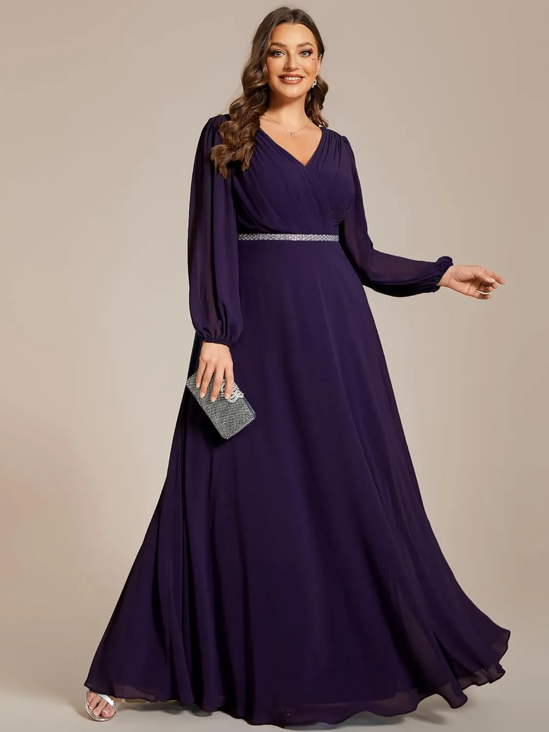 Ever-Pretty Women's Beads Waist Long Sleeves V Neck Plus Size Formal Evening Dresses 01981-DA
