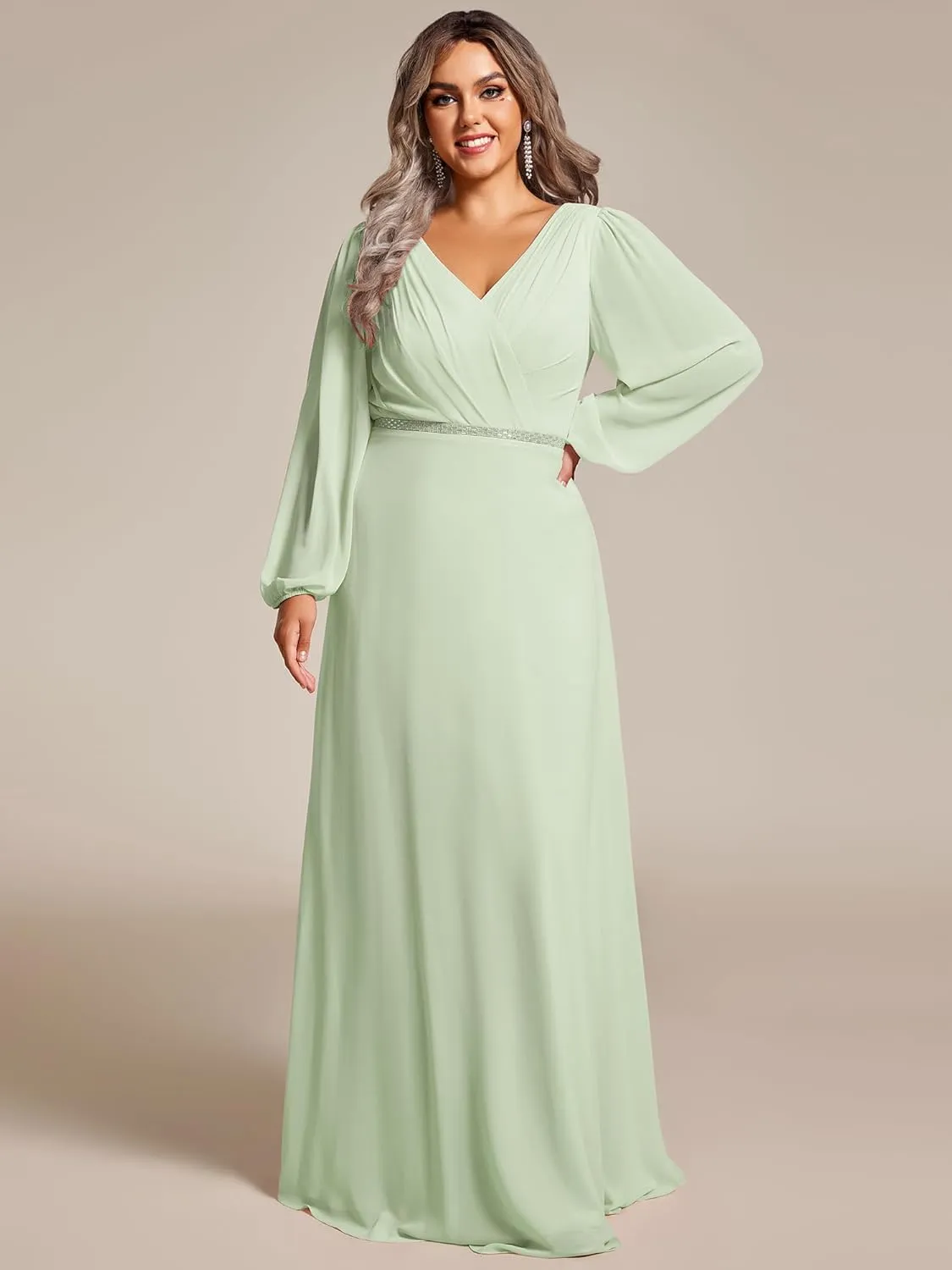 Ever-Pretty Women's Beads Waist Long Sleeves V Neck Plus Size Formal Evening Dresses 01981-DA