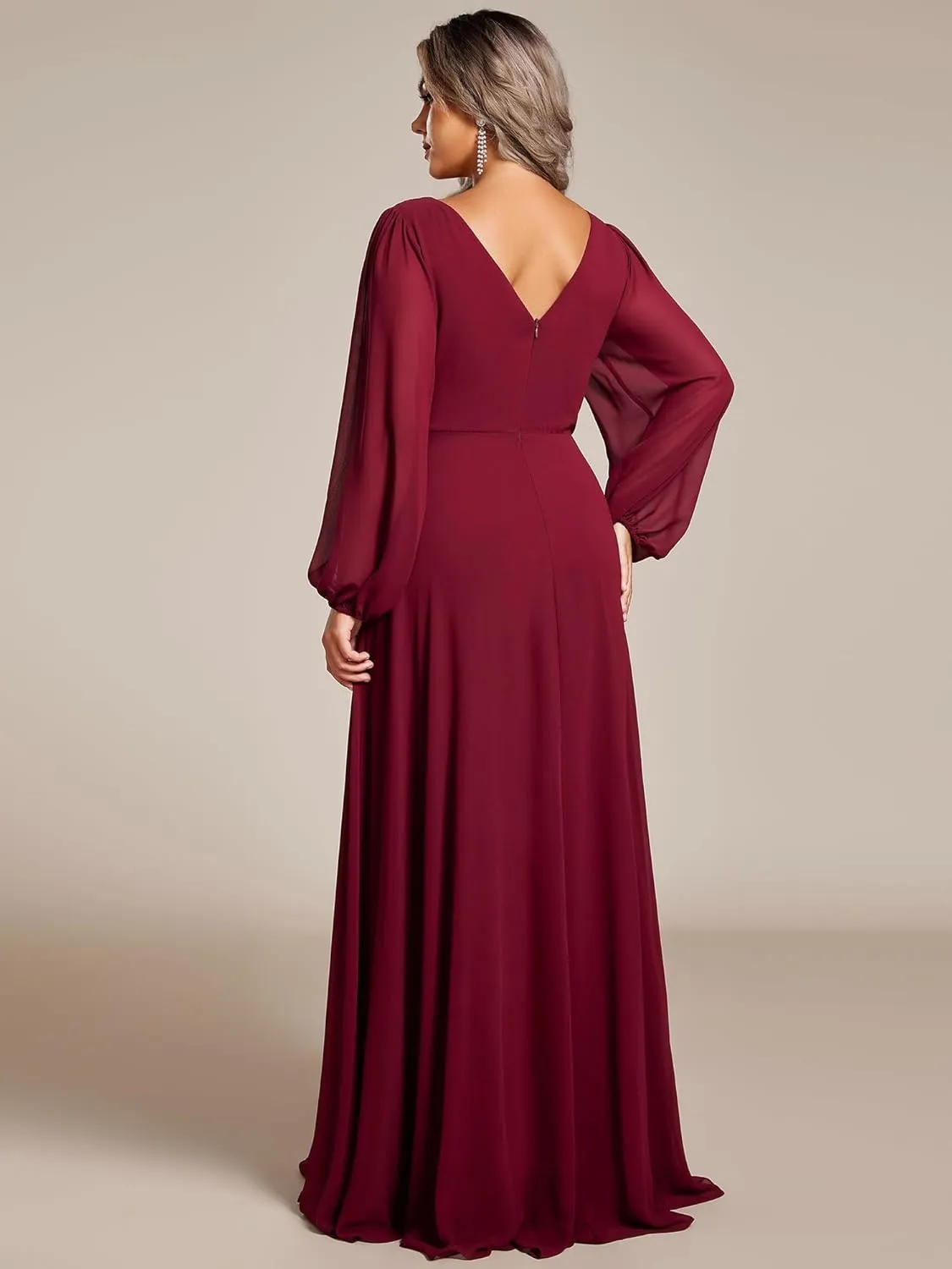 Ever-Pretty Women's Beads Waist Long Sleeves V Neck Plus Size Formal Evening Dresses 01981-DA
