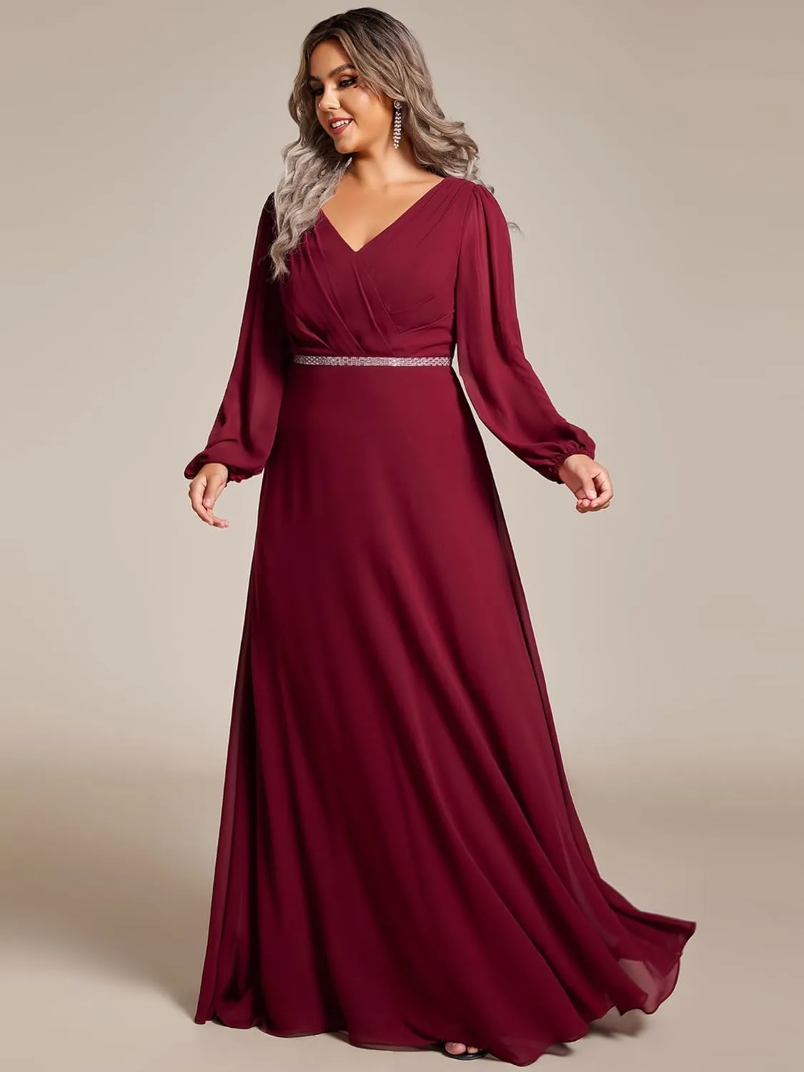 Ever-Pretty Women's Beads Waist Long Sleeves V Neck Plus Size Formal Evening Dresses 01981-DA