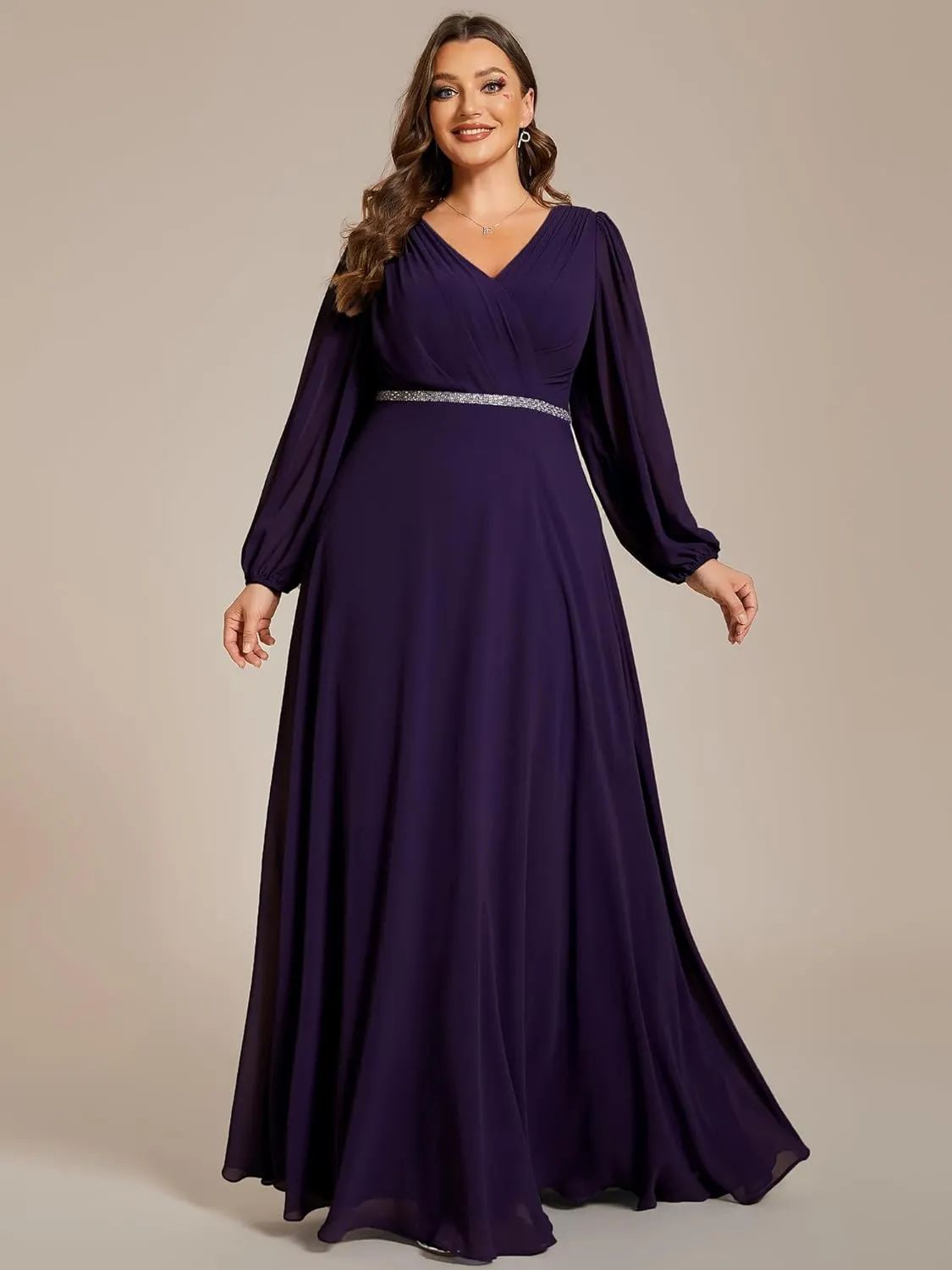 Ever-Pretty Women's Beads Waist Long Sleeves V Neck Plus Size Formal Evening Dresses 01981-DA