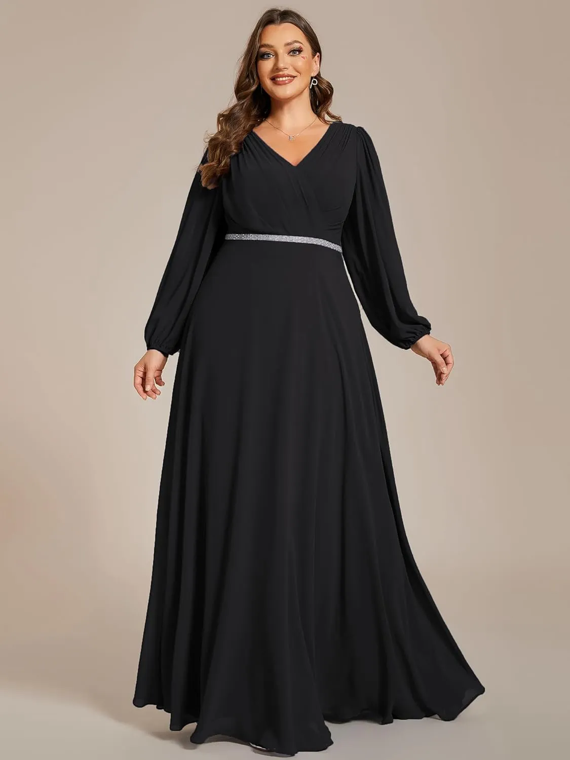 Ever-Pretty Women's Beads Waist Long Sleeves V Neck Plus Size Formal Evening Dresses 01981-DA