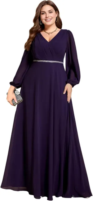 Ever-Pretty Women's Beads Waist Long Sleeves V Neck Plus Size Formal Evening Dresses 01981-DA